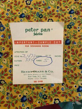 Vtg Peter Pan Fabrics Yellow Floral Calico 5 Yd Bolt Designing Room Sample Tag